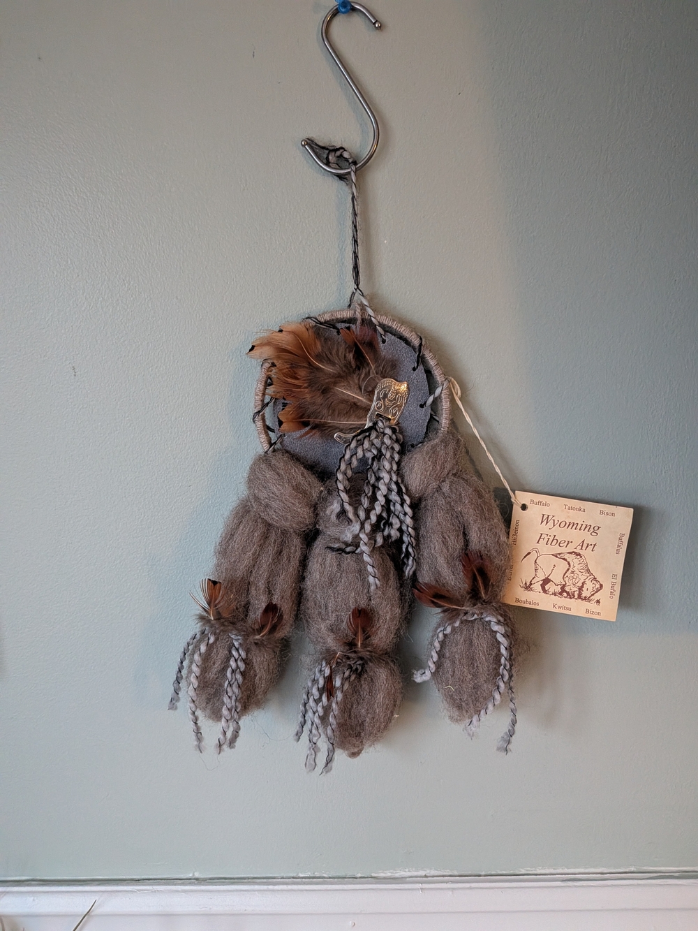 Wyoming Fiber Art Wool and Feather Dreamcatcher - Gray